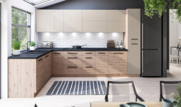 Neue Küche Eckküche modern XL creme/ braun Holz individuell stellbar