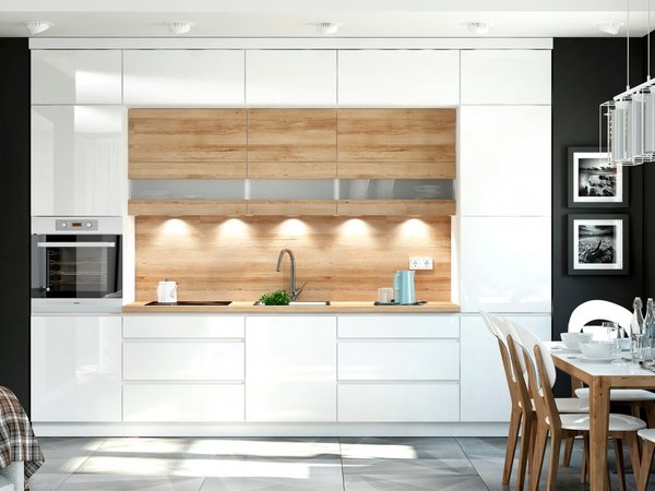 Küche Küchenzeile grifflos weiss / braun Holz 340cm